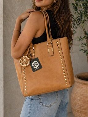 Tan Studded Tote Bag Faux Leather Large Everyday Work Bag Chic Shoulder Purse
